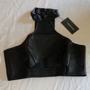 Black Faux Leather Cut Out High Neck Crop Top